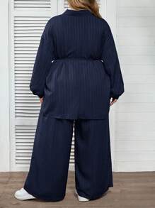 SHEIN CURVE+ 大码休闲纯色衬衫和裤子两件套 - 藏蓝色 - 查看 2