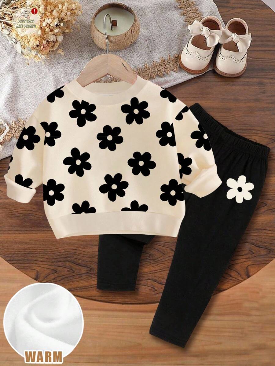 SHEIN 2pcs Baby Girl Casual Floral Pattern Knit Thick Crew Neck Long Sleeve Sweatshirt And Leggings Set, Black & White, Suitable For Autumn/Winter Fall