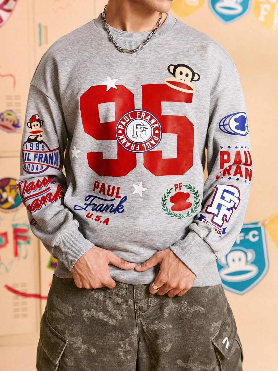 Paul Frank X SHEIN 男式字母与卡通图案圆领长袖套头衫 - 淺灰色 - 查看 1