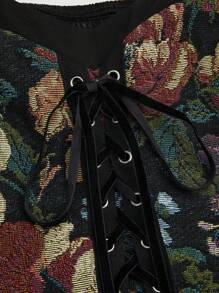 Sweetra Váy tay loe họa tiết hoa cỡ lớn, dây buộc, họa tiết chắp vá - màu đen - Xem 3