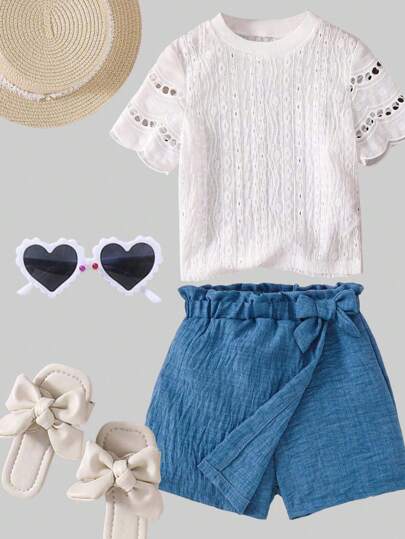 SHEIN Young Girls Textured Casual Shorts, Suitable For Summer