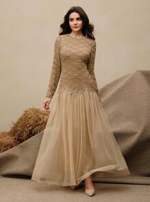 Anewsta 女士优雅修身拼接长裙，适合约会、聚会 - 卡其色 - 查看 7