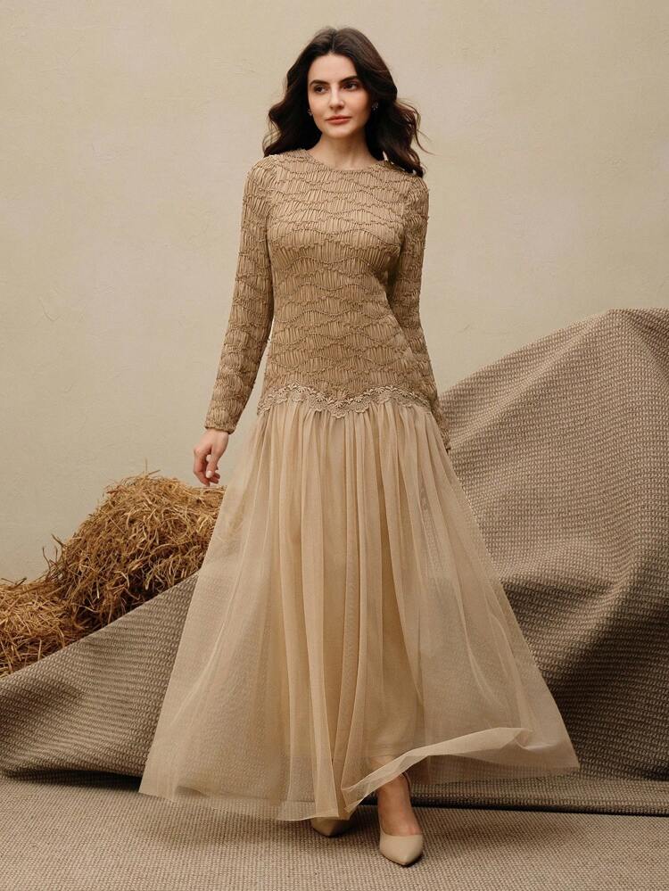 Elegant Slim-Fit Patchwork Long Dress For Women, Suitable For Dates, Parties