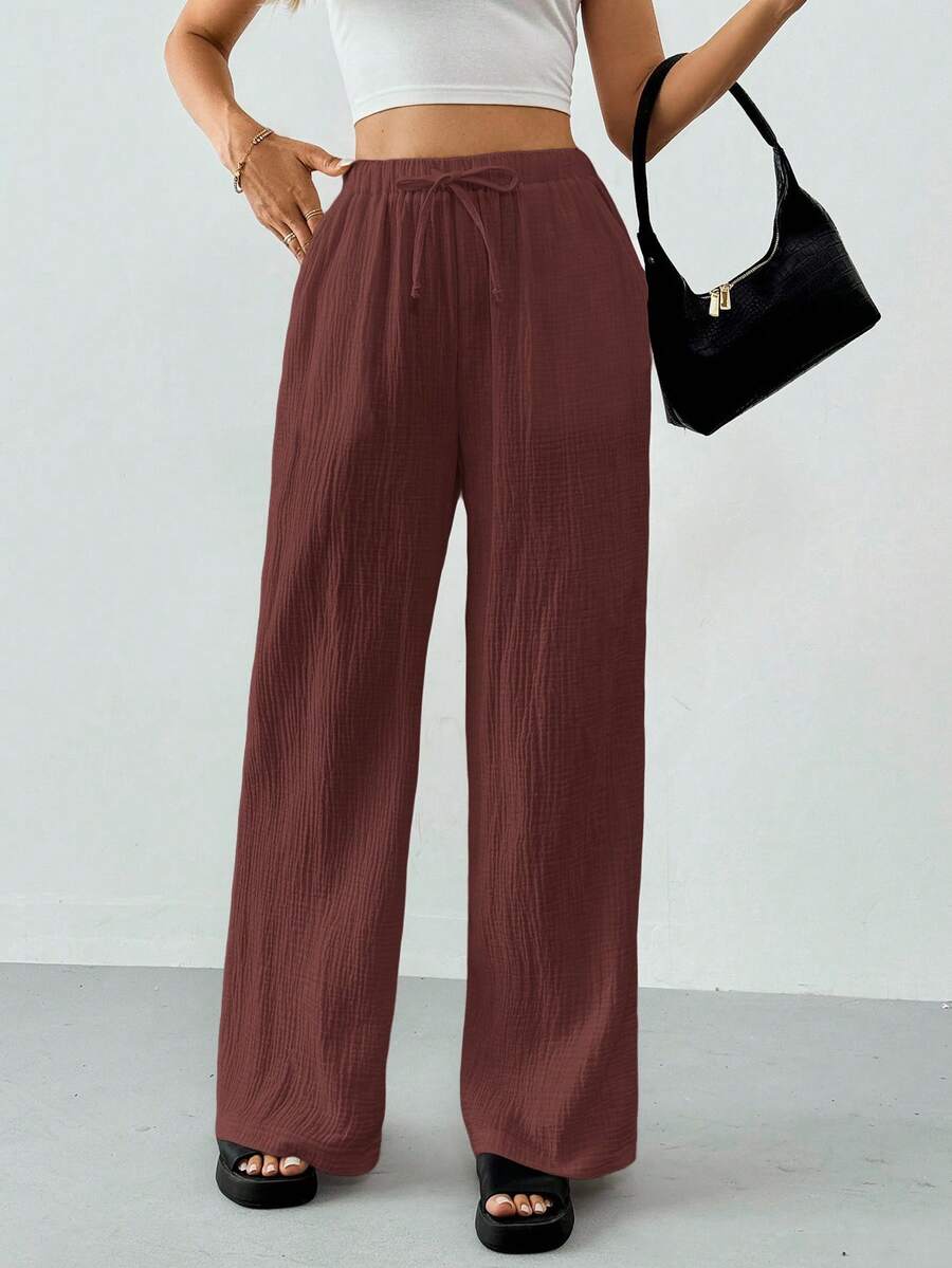 SHEIN Tall 棉质宽松纹理皱面料抽绳腰长裤 - 酒紅色 - 查看 1