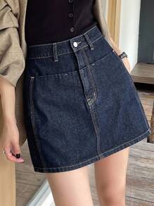 DAZY 女式镂空设计牛仔直筒裙，休闲都市风格牛仔裙牛仔裙 - 深色水洗藍 - 查看 3