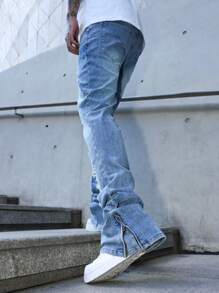 Manfinity EMRG Quần jeans ống loe denim trơn màu, có túi xếp ly, thường ngày dành cho nam, quần jeans dạo phố nam - Rửa nhẹ - Xem 6