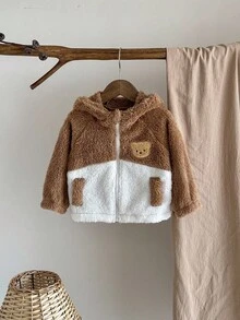 SHEIN Baby Boy Infant Toddler 0-3 Years Old Warm Fleece Flannel Khaki Beige Long Sleeve Hooded Jacket, Suitable For Outdoor Wear, Autumn/Winter Fall