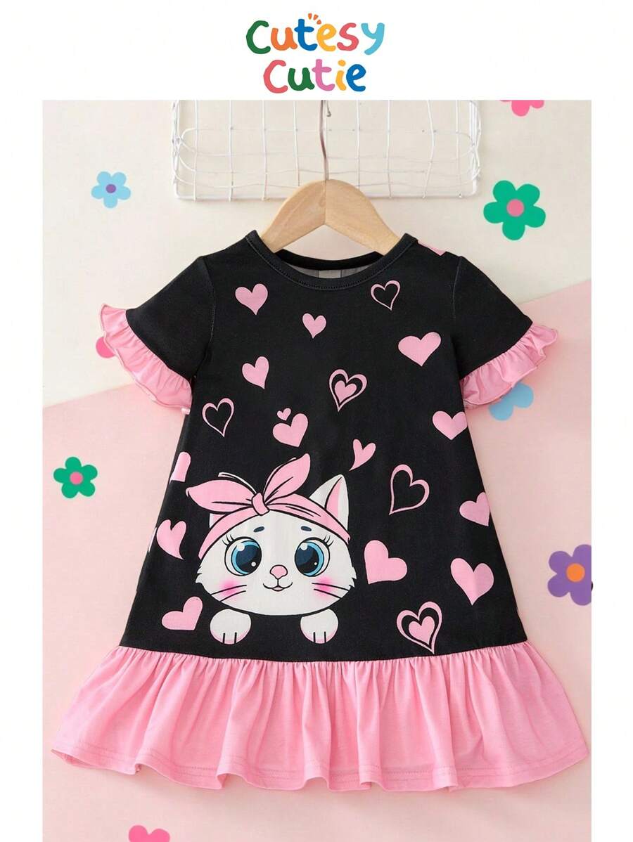 SHEIN 女婴可爱卡通猫咪爱心图案圆领宽松休闲阻燃睡衣 - 黑色 - 查看 1