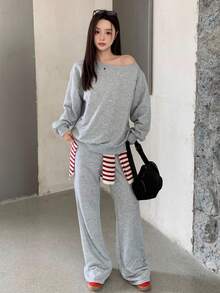 少女春冬基本款针织纯灰色宽松露肩不对称领口长袖运动衫和喇叭裤运动套装，两件套服装 - 灰色 - 查看 6