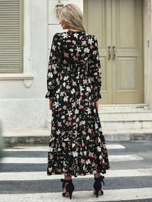 EMERY ROSE Vestido largo con estampado floral, mangas de volantes y bajo con volantes para mujer