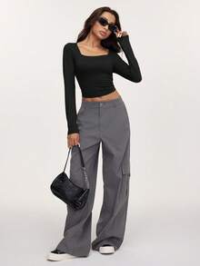 SHEIN BASICS 3件套纯色针织长袖修身圆领短款女式T恤 - 黑色 - 查看 5