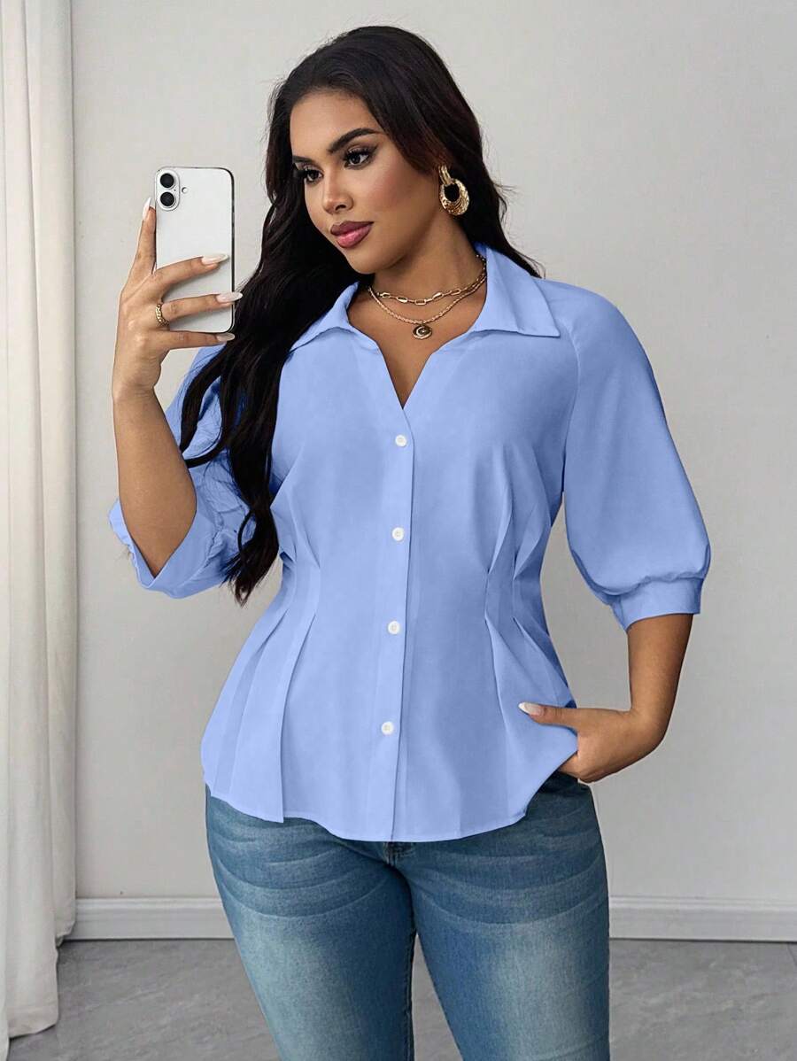 Maweii Blusa elegante plus size de cor sólida com gola franzida na cintura - Azul - Ver 1