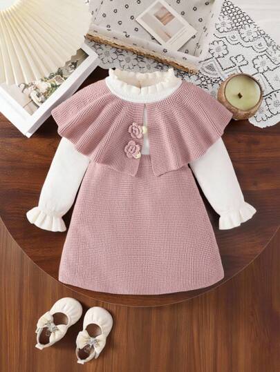 SHEIN Young Girls Ruffled Collar Knitted Long Sleeve Sweater Dress With Faux Shawl, Suitable For Autumn/Winter, Pink/Light Color, Versatile, Elegant, Stylish, Suitable For School, Daily Wear, Home, Outdoor, Travel Fall