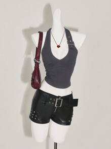 SHEIN ICON Women's Slim Fit Casual Halter Neck Solid Color Adjustable Buckle Tank Top