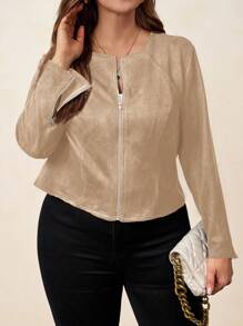 SHEIN Clasi Áo khoác da lộn đen cỡ lớn cho nữ, thanh lịch cho trang phục đi làm hàng ngày và công sở Áo khoác da lộn cho nữ Áo khoác có khóa kéo cho nữ Áo khoác ngắn Áo khoác thường ngày cho nữ Áo khoác rám nắng cho nữ, Quần áo mùa thu cho nữ - Màu be - Xem 6