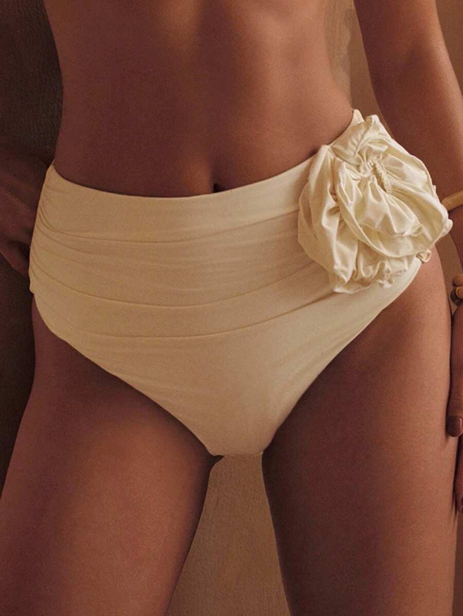 Swim Chiccia 女款海灘度假休閒抓皺3D花朵泳裝下身夏季款 - 米色 - 查看 1
