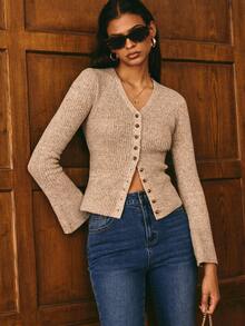 Poéselle 女士休闲通勤开襟纽扣修身开衫，女士冬季毛衣，新年派对休闲毛衣，秋冬季女士休闲毛衣，复古优雅女士，秋冬季 - 卡其色 - 查看 2