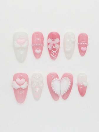 Kawaii 10pcs Cute Heart Pearl Wing Bow Handpainted Nail Stickers + 3pcs Double-Sided Adhesive, Removable & Reusable Pearl Contrast Color Handpainted Nail Art Stickers, Suitable For Holidays, Parties, Dancing And Daily Wear