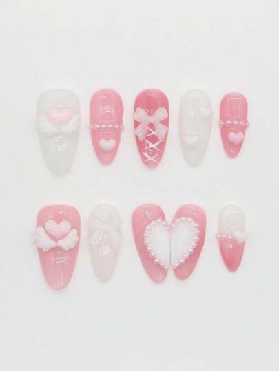 Kawaii 10pcs Cute Heart Pearl Wing Bow Handpainted Nail Stickers + 3pcs Double-Sided Adhesive, Removable & Reusable Pearl Contrast Color Handpainted Nail Art Stickers, Suitable For Holidays, Parties, Dancing And Daily Wear