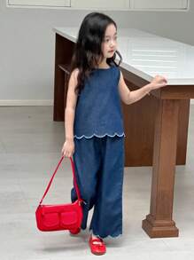 Dazy Kids 2pcs Young Girls Round Neck Sleeveless Washed Shirt And Loose Denim Pants Denim Outfit - Blue - View 1