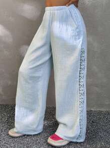 Coolane Kids 青少年女孩春夏休闲蕾丝拼接阔腿裤 - 藍色 - 查看 4