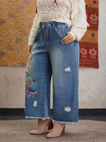 EMERY ROSE 大码女式复古水洗做旧刺绣9.5英寸直筒牛仔裤，夏季 - 淺色水洗藍 - 查看 5