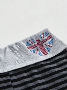 ROMWE Avant Y2K Retro Striped Flag Rhinestone Contrast Color Low Waist Women Pants - Black - View 3