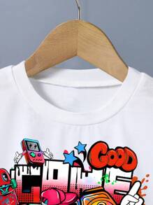 GraphicGems 2 件年轻男孩“Good Game Day”涂鸦印花圆领短袖白色 T 恤和红色宽松梭织短裤套装，夏季 - 紅色 - 查看 4