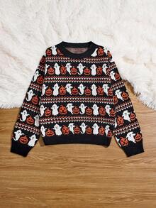 SHEIN Unity Women's Black Halloween Pumpkin & Ghost Long-Sleeve Sweater. Cute And Comfy. Fits For Fall/Winter. - Multicolor - View 5
