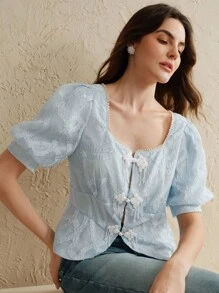 Anewsta Áo sơ mi cài nút cổ ngọc trai tay bồng cho nữ, phong cách mùa hè mới - Màu xanh lam - Xem 6
