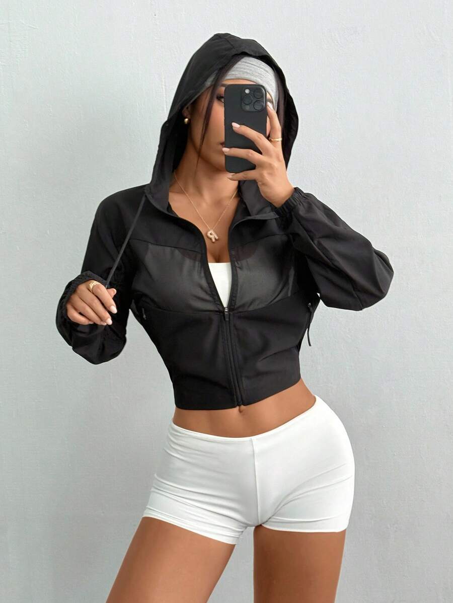 Gameset SHEIN Sport Casual Solid Color Mesh Patchwork Hooded Cropped Sports Jacket - Black - View 1