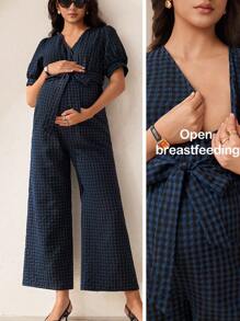 MaterniWear 孕妇格子V领泡泡袖格子哺乳功能宽松连体衣