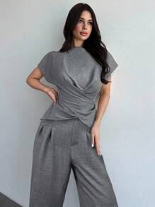 Firerie 女士优雅通勤裹胸系腰上衣和阔腿裤套装