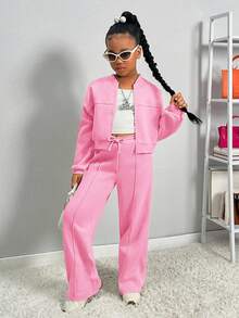Tween Girl SL Store Casual Knit Solid Color Stand Collar Long Sleeve Sweatshirt Sweatshirt Set, Mommy And Me Matching Outfits (2 Sets Sold Separately) Fall Winter - Baby Pink - View 1