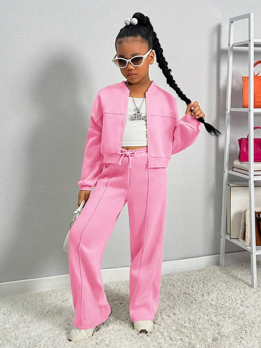 Tween Girl SL Store Casual Knit Solid Color Stand Collar Long Sleeve Sweatshirt Sweatshirt Set, Mommy And Me Matching Outfits (2 Sets Sold Separately) Fall Winter - Baby Pink - View 1