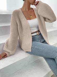 EMERY ROSE Women's Solid Color Drop Shoulder Long Sleeve Loose Casual Cardigan, Autumn/Winter Fall Cloth For Women - Apricot - View 3