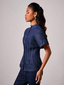 COSMINA Women's Stand Collar Batwing Sleeve Fashionable Denim Effect Waist Top - Blue - View 4