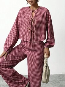 EURMUSE Women's Multicolor Bow Front Gingham Printed Elegant Two Pieces Set - Multicolor - View 4