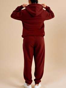 INAWLY Bộ đồ hai mảnh rộng rãi và áo nỉ trùm đầu màu trơn dành cho nữ vào mùa thu - Màu Đỏ Sâu - Xem 2