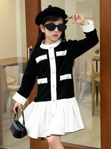 Elladie kids 小女孩黑白仿珍珠纽扣装饰白色下摆连衣裙，适合返校季