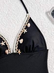 SHEIN Teen Girls Blue Ribbed Tankini Set, Adjustable Spaghetti Strap Top With Shell & Starfish Decor & Bottom Triangle Swimsuit Black Two Piece Swimsuit Black Bathing Suit Set High Waisted Bikini Set Seashell Bikini Halter Neck Bikini