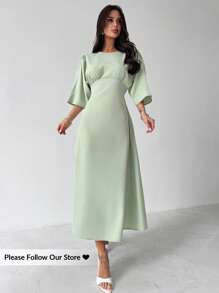 Firerie 女士优雅休闲日常通勤度假办公绿色圆领短袖系带A字X型中长连衣裙，适合度假、海滩、夏季穿着 - 綠色 - 查看 2