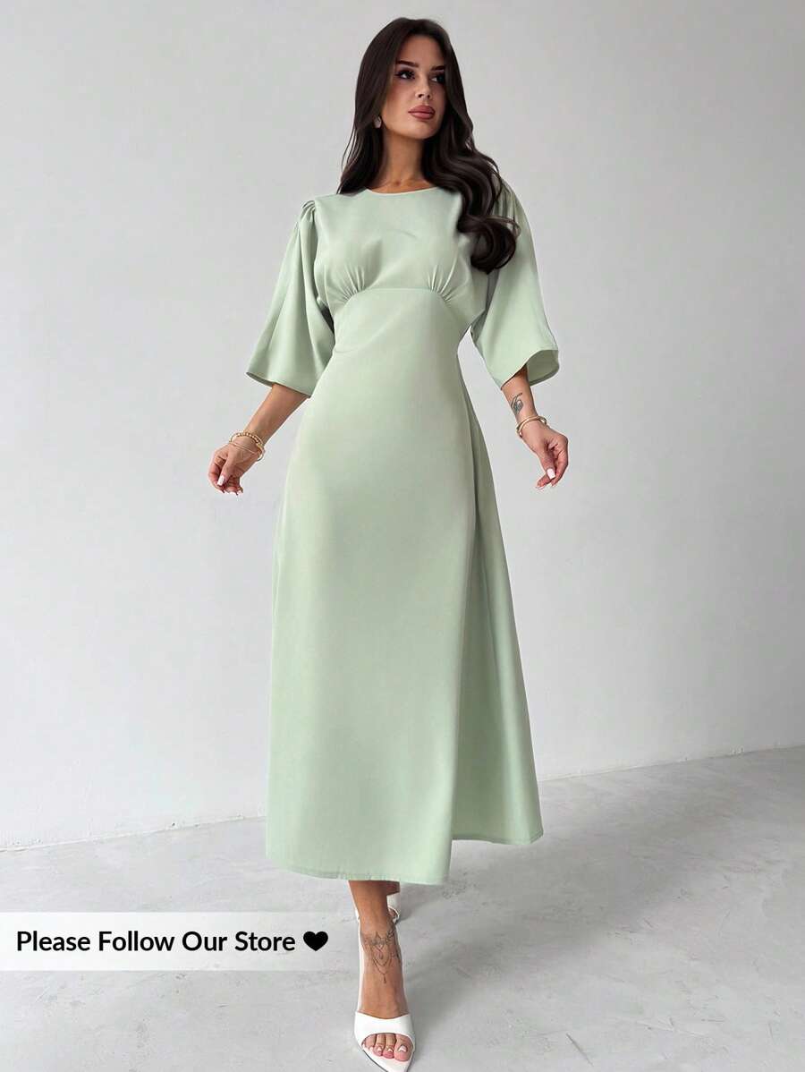 Firerie 女士优雅休闲日常通勤度假办公绿色圆领短袖系带A字X型中长连衣裙，适合度假、海滩、夏季穿着