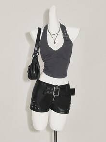 SHEIN ICON Women's Slim Fit Casual Halter Neck Solid Color Adjustable Buckle Tank Top