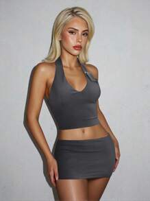 SHEIN ICON Women's Slim Fit Casual Halter Neck Solid Color Adjustable Buckle Tank Top