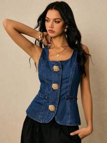 Poéselle 女士夏季时尚大花朵纽扣装饰方领收腰牛仔吊带背心