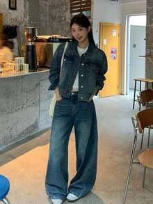 DAZY Women's Casual Washed Denim Jacket And Wide Leg Jeans 2 Pieces Set