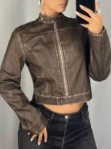 SHEIN ICON Women's Zip Front Stand Collar Fashion PU Leather Long Sleeve Jacket Fall Women Clothes