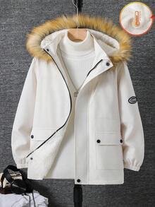 SHEIN 男童休闲保暖加厚连帽防风外套，适合上学、花园、海滩、生日等场合，春、夏、秋、冬皆宜。 - 白色 - 查看 5