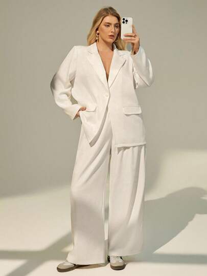 Auralis 大码纯色宽松翻领长袖女式西装套装